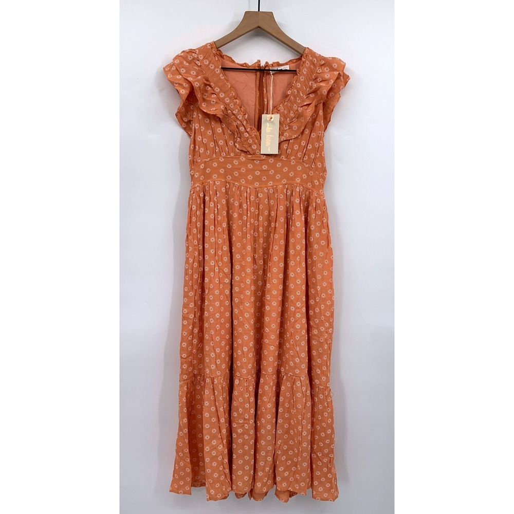 In Loom Dress Womens Large‎ Orange Floral Ruffle V-Neck Smocked Back Midi NEW